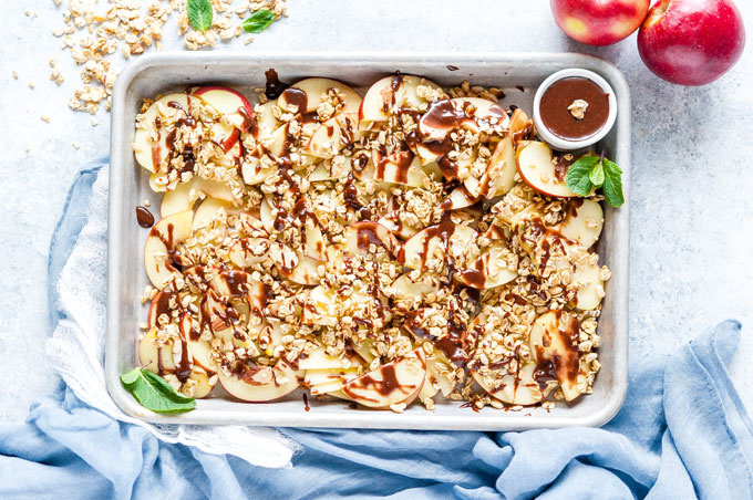 Top down view of a tray of Caramel Apple Nachos