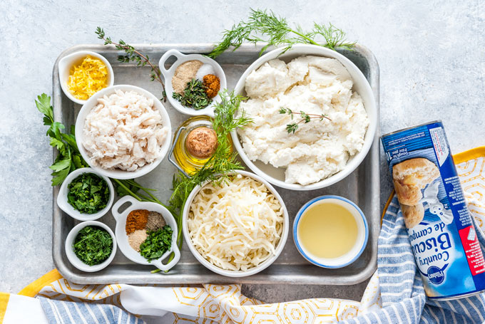 Top down photo of all the ingredients to make Ricotta Crab Dip