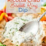 This Healthy Ricotta Crab Dip is filled with budget-friendly canned crab, herbs and lemon. It is baked on a sheet pan in a beautiful biscuit ring and served with colourful vegetables for a show-stopping platter! Great for Valentine's Day or Mother's Day appetizer | imagelicious.com #crabdip #ricottadip #apetizer #healthy