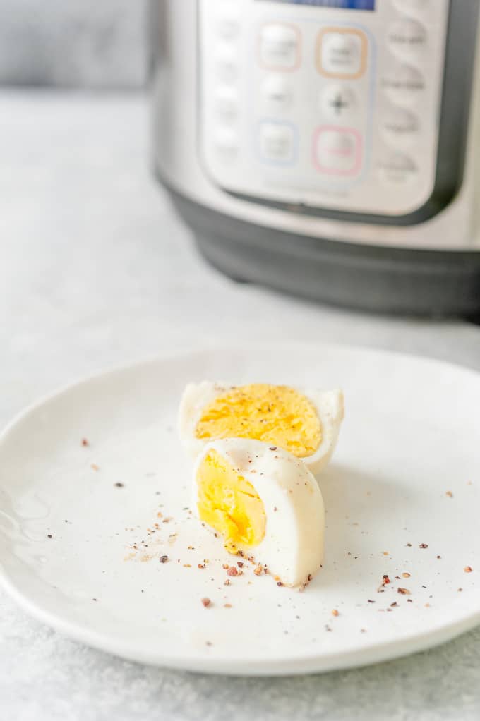 Instant Pot No Peel Hard Boiled Egg cut in half