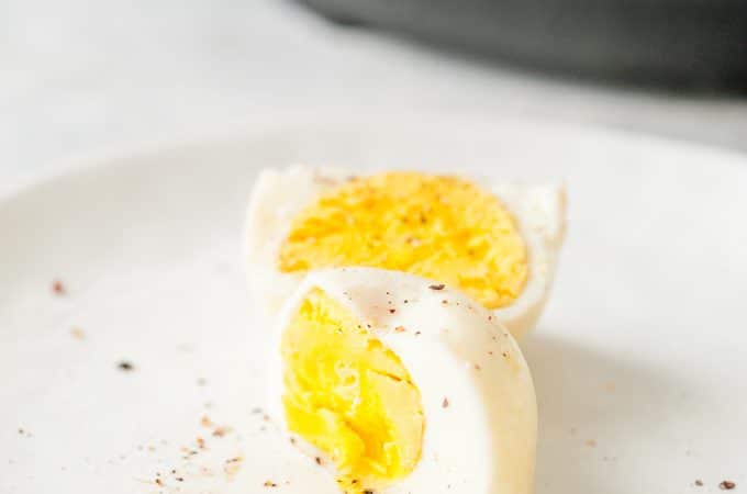 Close up of the no peel hard boiled egg