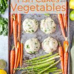 These Sheet Pan Fish Cakes with Vegetables, Israeli couscous, and Carrot Top Pesto are a healthy and delicious meal that is perfect for a light weekend or weeknight dinner. Great to meal prep and have for lunch throughout the week. Perfect recipe to celebrate all the fresh flavours of Spring | imagelicious.com #sheetpanmeal #fishcakes #easter