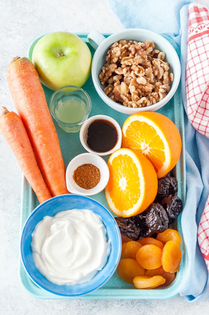 All the ingredients to make Creamy Carrot Fruit Salad