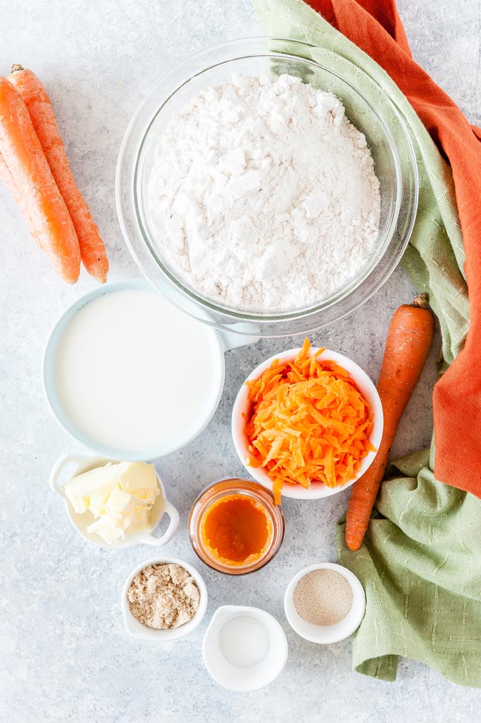 All the ingredients to make Instant Pot No Knead Carrot Bread Rolls