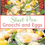 Sheet Pan Gnocchi and Eggs is a delicious breakfast or light lunch. Full of vegetables, eggs, and cheesy gnocchi. Beautiful and easy way to enjoy fresh produce and eggs without much effort, all on one pan. Great Easter Brunch | imagelicious.com #sheetpan #easter #eggs #breakfast
