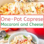 One-Pot Caprese Macaroni and Cheese is a really simple weeknight meal. No draining required. Really delicious with bursts of fresh flavours from tomatoes and basil | imagelicious.com #pasta #caprese #macaroniandcheese