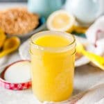 Closeup of a jar with Instant Pot Lemon Curd.