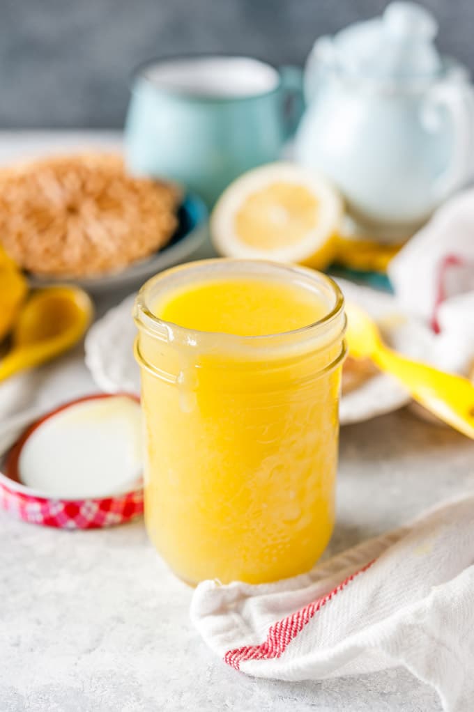 Closeup of a jar with Instant Pot Lemon Curd.