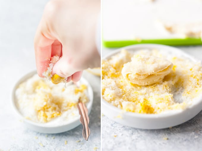 Collage of lemon sugar and a raw cookie on top of the lemon sugar