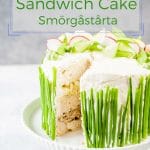 Swedish Sandwich Cake (Smörgåstårta) is a beautiful and delicious savoury appetizer made with layers of bread, fillings, and decorated with savoury frosting and vegetables. Stunning centrepiece for any table. It will be a guaranteed show-stopper and a conversation starter | imagelicious.com #Smorgastarta #sandwichcake #sandwich
