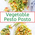 Vegetable Pesto Pasta is a delicious, healthy, and easy meal that comes together in only 20 minutes. Can be eaten cold or hot. Great for meal prep and picnics | imagelicious.com #pasta #vegetables #mealprep