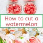 Learn how to cut a watermelon in the easiest possible way. Only 5 minutes prep and you have a whole watermelon cut up for snacking. Great for meal prepping, adding to a fruit platter, making smoothies, or just eating as dessert. No mess! Best way to cut a watermelon | imagelicious.com #watermelon #howto #cookingtips