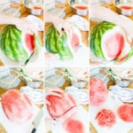 Collage of process photos showing how to cut a watermelon.