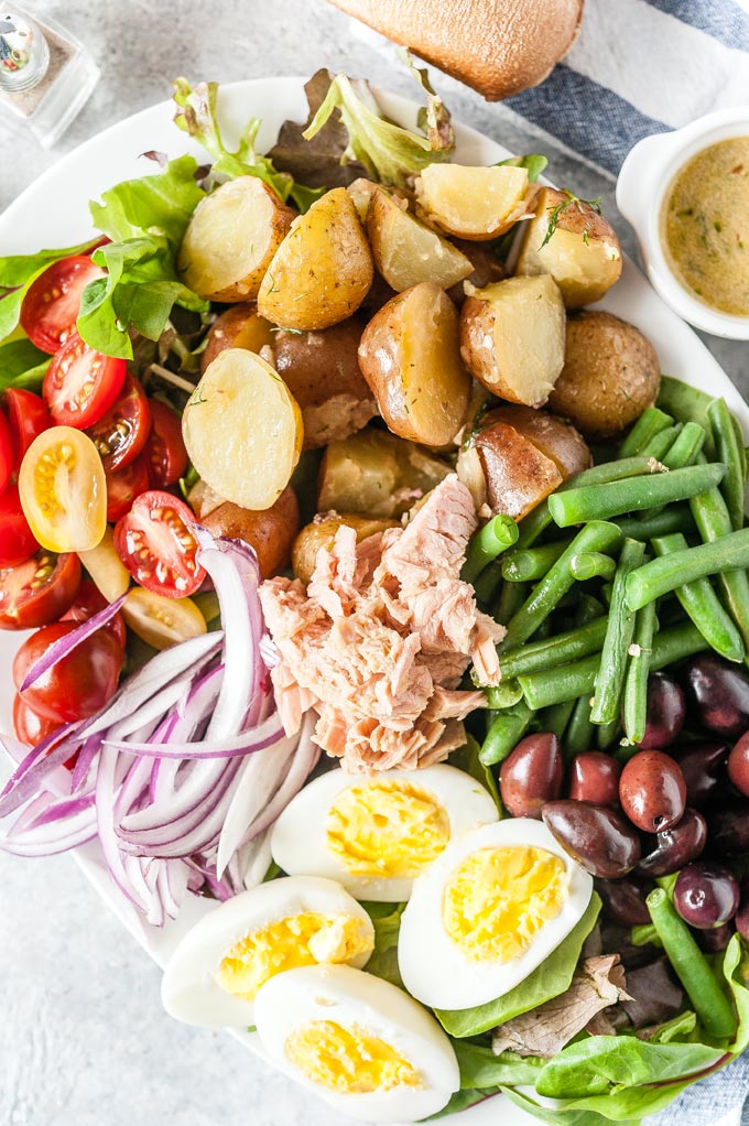 Top down view of Nicoise Salad.