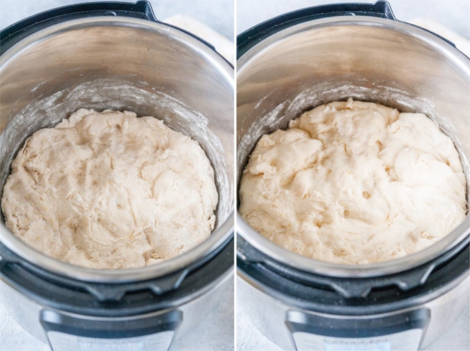 Collage of two process photos of lemon dough in Instant Pot.