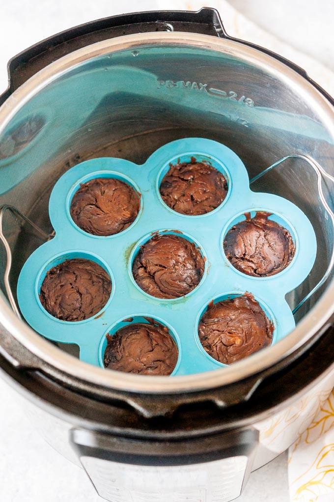 Cooked chocolate peanut butter cakes in Instant Pot.