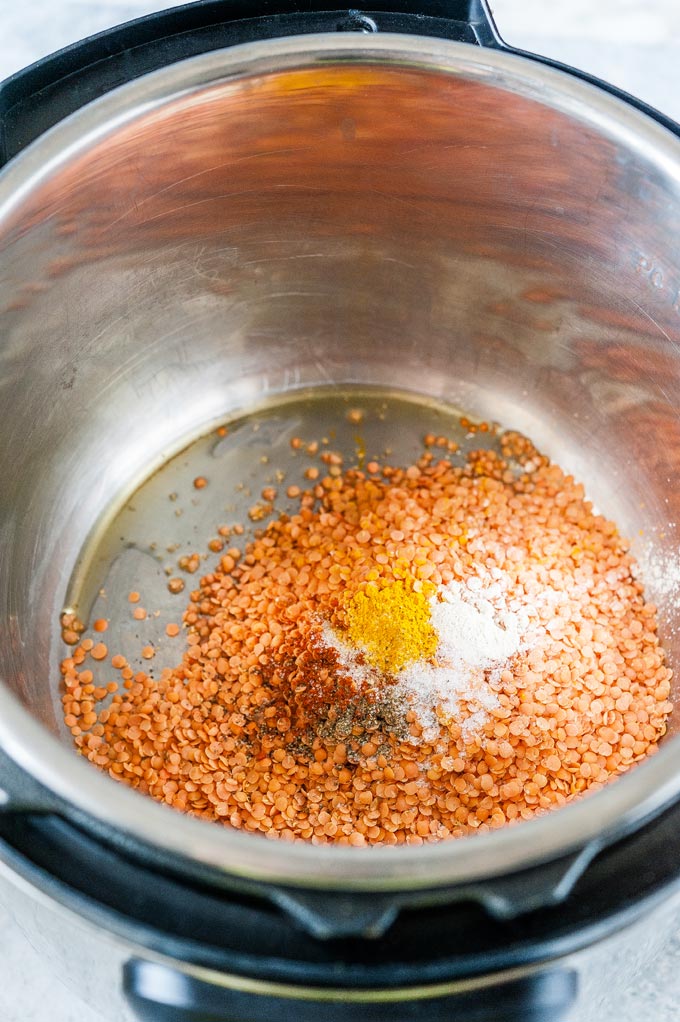 Lentils and spices in Instant pot.