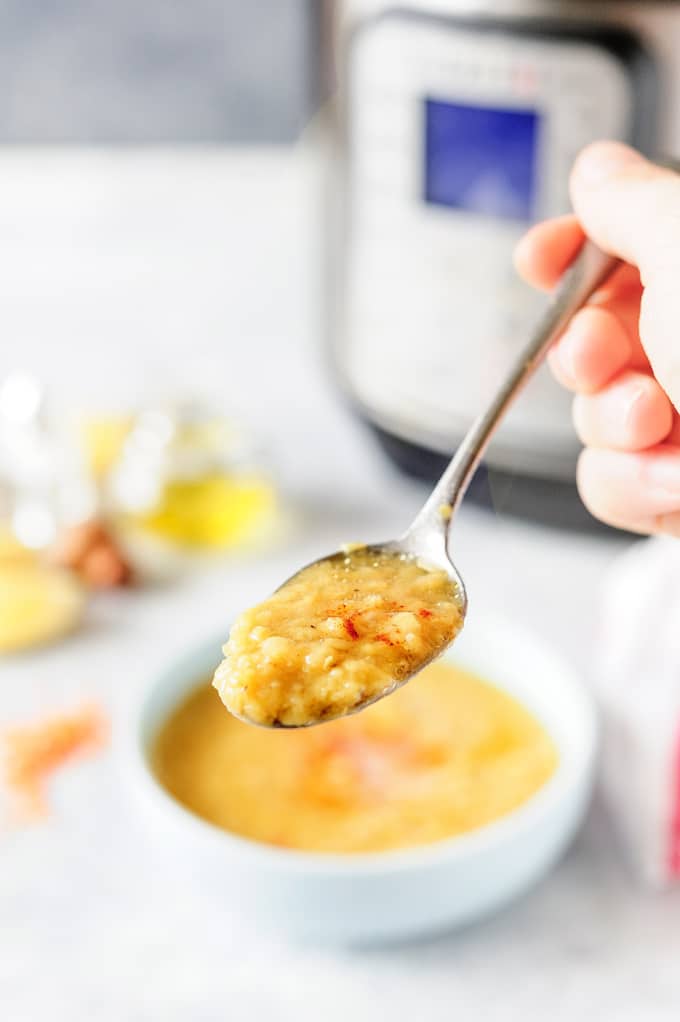 Spoon with lentil soup.