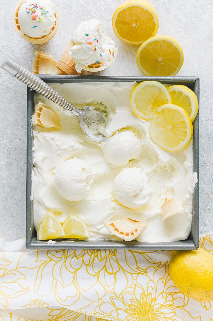 Container with lemon ice cream.