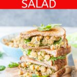 Vegetarian Chickpea Salad is creamy, tangy, and savoury. It's perfect on toast, over some mixed greens, or on its own. Great for summer lunches and meal prep. It's almost like eating potato salad but without any guilt | imagelicious.com #vegetarian #chickpeas