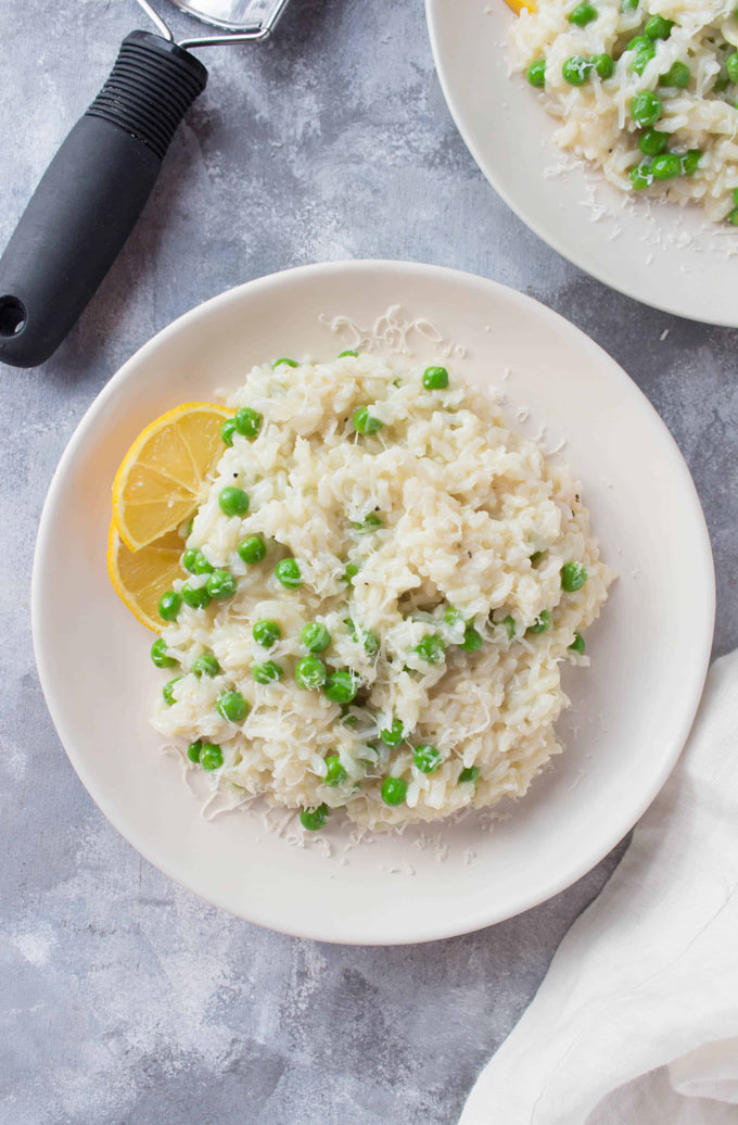 Bowl with Instant Pot Pea Risotto.