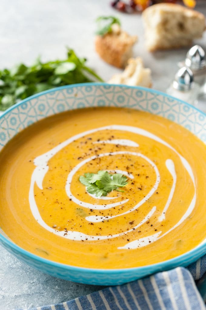 Closeup of a bowl of soup.