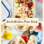 Instant Pot Greek Chicken Pasta Salad is delicious and easy to make. Prep all the ingredients while pasta and chicken are cooking in an electric pressure cooker, then just mix and enjoy. Perfect for meal prepping, back-to school lunches, or work lunch | imagelicious.com #instantpotrecipes #pastasalad