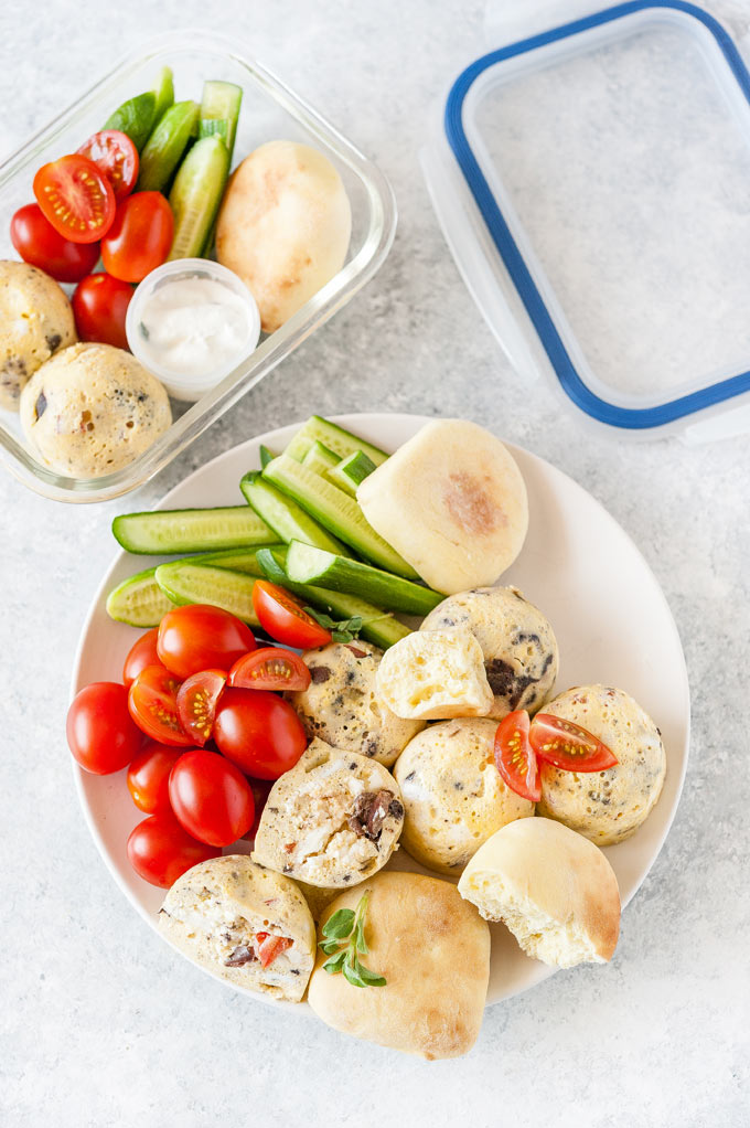 Platter with Instant Pot Greek Salad egg bites, vegetables, and pita.