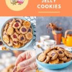 These Peanut Butter and Jelly Cookies are a delicious treat for a weekday snack or weekend dessert. Soft cookie with sticky sweet jam is a perfect combination of flavours and textures | imagelicious.com #peanutbutterjelly #cookies #thumbprintcookies
