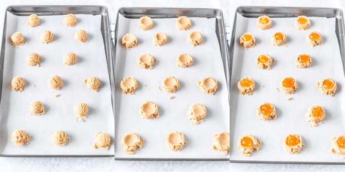 Collage process shots of how cookies look on a sheet pan before baking.