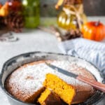 Close up of pumpkin cake in a pan.