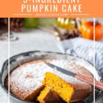 This Pumpkin Cake is super quick and easy. It only has 5 ingredients and no butter or oil. The batter comes together in under 10 minutes with only one bowl. Perfect cake for fall entertaining or just a delicious weeknight treat | imagelicious.com #pumpkincake #5ingredients #pumpkinrecipe