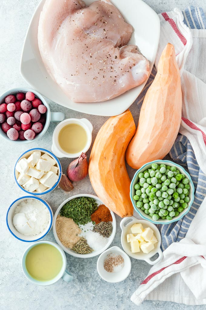 All the ingredients to make Instant Pot Turkey Pot Pie with Mashed Sweet Potatoes