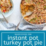 This Instant Pot Turkey Pot Pie with Mashed Sweet Potatoes tastes exactly like Thanksgiving in every bite with cranberries and crunchy pecan topping. Made in stackable insert. No pots to drain, so easy! Perfect comforting meal with no effort. Delicious and impressive | imagelicious.com #instantpotrecipes #thanksgiving #turkeypotpie #sweetpotatoes