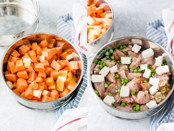 Process photos of one pan with sweet potatoes and another with prepped turkey.