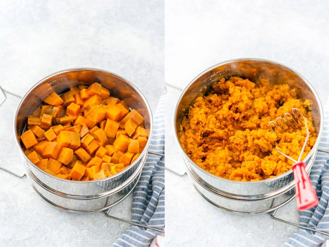 Process photos of cooked and mashed sweet potatoes.