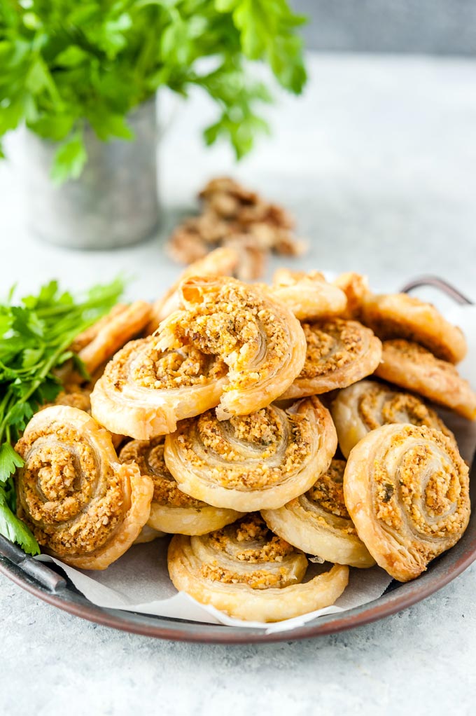Closeup of Cheesy Pinwheels with Walnuts.
