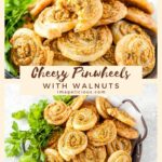 These Cheesy Pinwheels with Walnuts are light, crispy, slightly garlicky and very addictive. These little appetizers are a perfect snack. Great for dinner parties | imagelicious.com #puffpastry #appetizers #cheesypinwheels