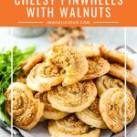 These Cheesy Pinwheels with Walnuts are light, crispy, slightly garlicky and very addictive. These little appetizers are a perfect snack. Great for dinner parties | imagelicious.com #puffpastry #appetizers #cheesypinwheels