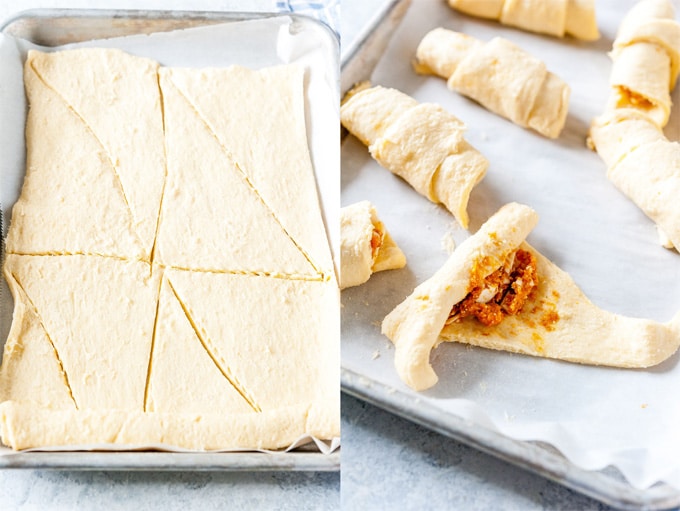 Collage of process photos showing how to roll crescent rolls.