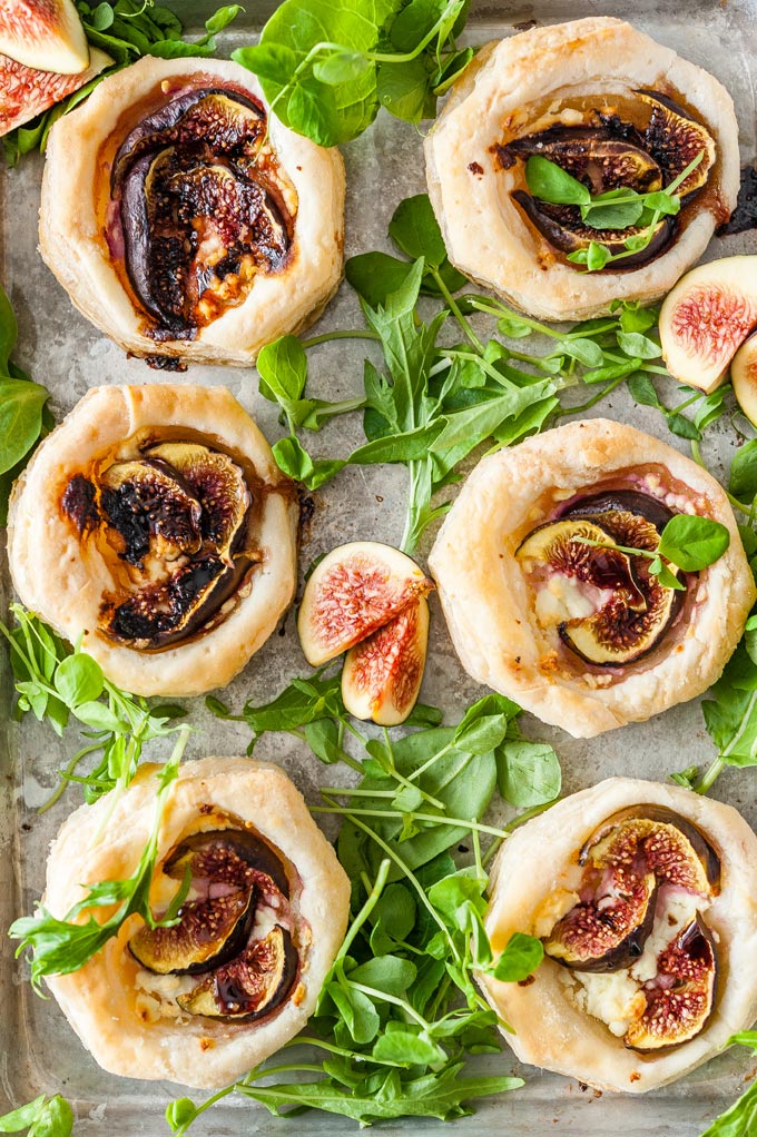 Top down view of Goat Cheese and Fig Tartlets.