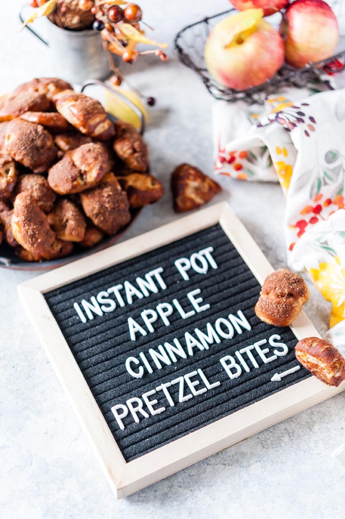 Letter board that says Apple Cinnamon Pretzel Bites.