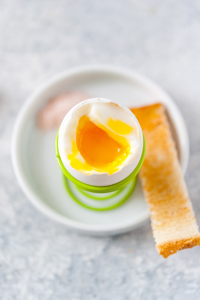Closeup of an Instant Pot soft boiled egg.