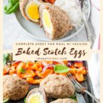 These Baked Scotch Eggs with Vegetables are an easy and unique dinner. Made in the oven on one sheet pan, they are surprisingly easy to put together. They are healthy and delicious. Perfect for a busy weeknight meal | imagelicious.com #scotcheggs #sheetpan #ad