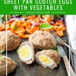 These Baked Scotch Eggs with Vegetables are an easy and unique dinner. Made in the oven on one sheet pan, they are surprisingly easy to put together. They are healthy and delicious. Perfect for a busy weeknight meal | imagelicious.com #scotcheggs #sheetpan #ad