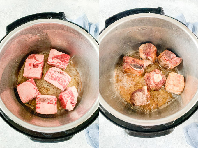 Collage of process photos showing how to sear beef short ribs in Instant Pot.