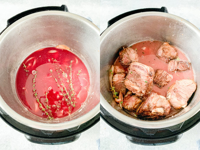 Collage of process photos showing sauce and seared beef short ribs in Instant Pot.