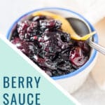 Berry Sauce is a delicious accompaniment to waffles, pancakes, yogurt parfait, or even cakes. It's easy to make with ingredients already in your kitchen and it uses easily accessible year around frozen berries. Only 5 minutes to make and it can be flavoured anyway you like | imagelicious.com #berries #sauce #dessert