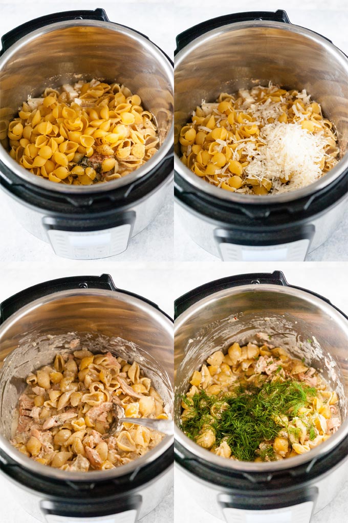 Collage of process photos of cooked pasta in Instant Pot with cream and cheese and dill added to it.