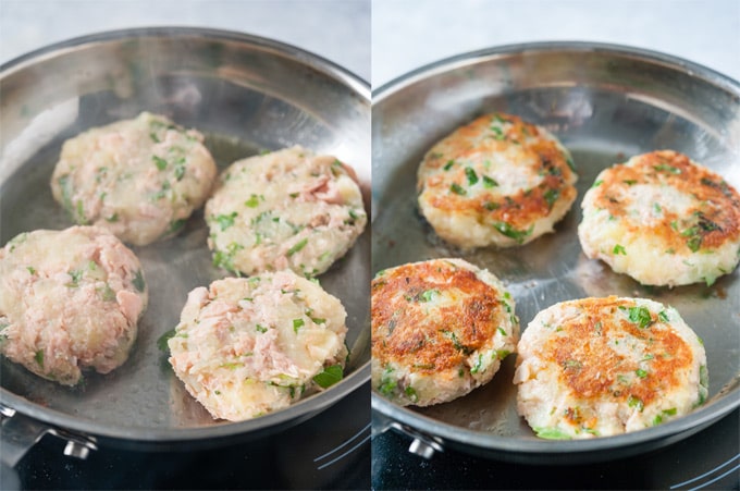 Collage of process photos showing how to pan fry potato cakes.